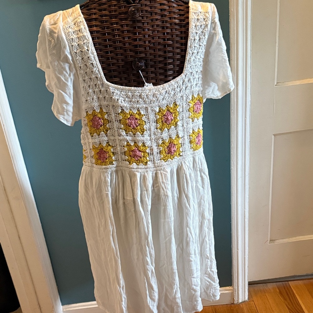 White Dress with Crochet Floral Detail
